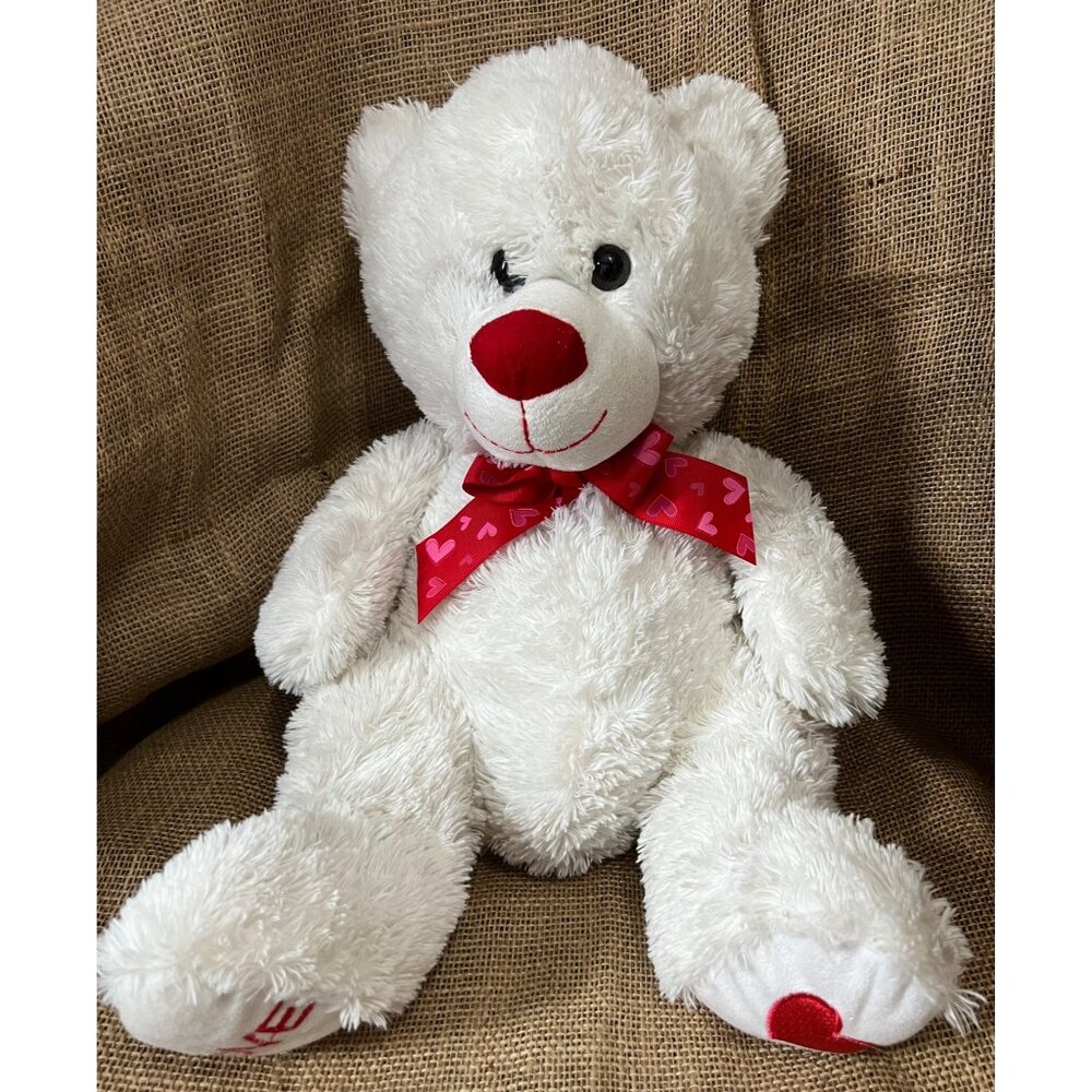 Big Soft Fluffy White Stuffed Teddy Bear Doll with Red Bow & Heart Feet 20"